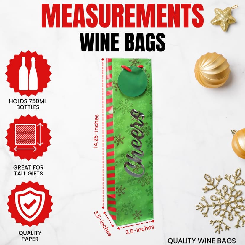 Iconikal 6-Pack Christmas Wine Bottle Gift Bags, Heavy-Duty with Ribbon Handles, Assorted Holiday Designs - Ideal for Festive Xmas Gifting, Parties & Bulk Wrapping