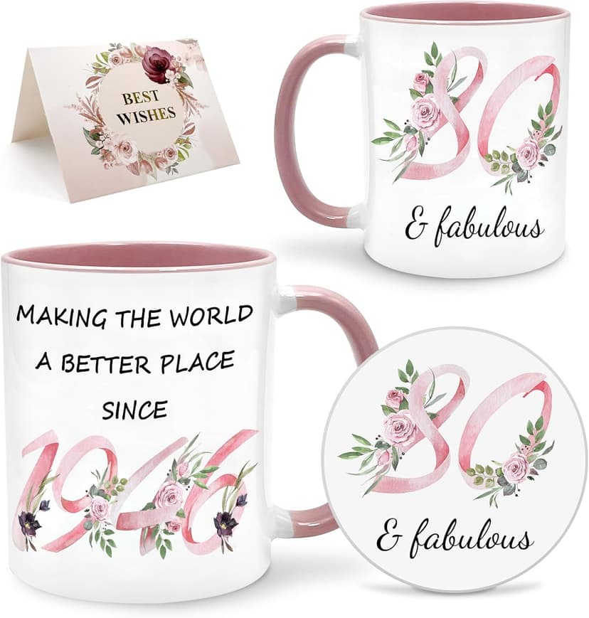 80th Birthday Gifts for Women Her, 1945 Vintage Birthday Coffee Mugs with Silicone Coaster, Fabulous 1945 Gifts Ideas for 80 Years Old Women Mom Sisters Grandma