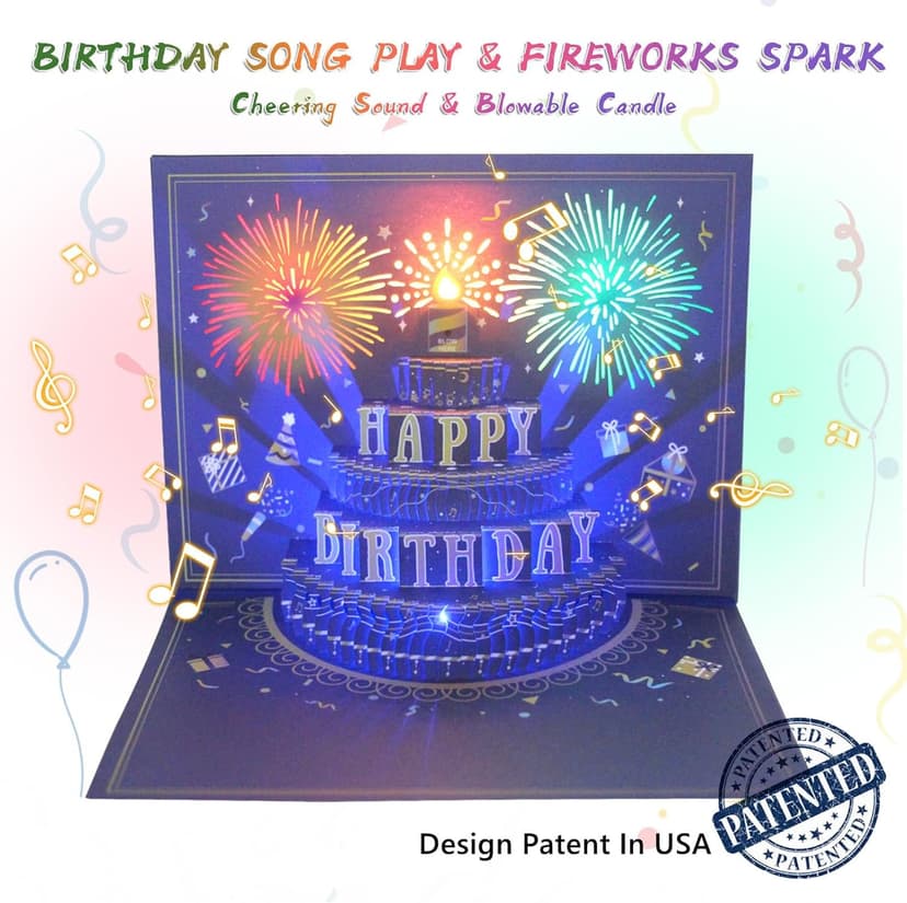 UPGRADED 3D Pop Up Firework Birthday Cards, Musical LED Lights Birthday Cards with Blowable Birthday Cake, Greeting Cards, Birthday Gifts for Mom Women Men Kids Child Dad Father Wife