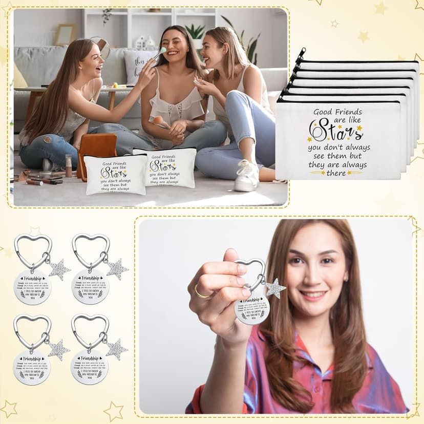 Paterr 24 Pcs Friend Gifts for Women Friendsgiving Makeup Bags Friendship Keychains Galentines Gifts Bulk Cosmetic Bags with Zipper for Roommate BFF Bestie Birthday Decorations(Star)