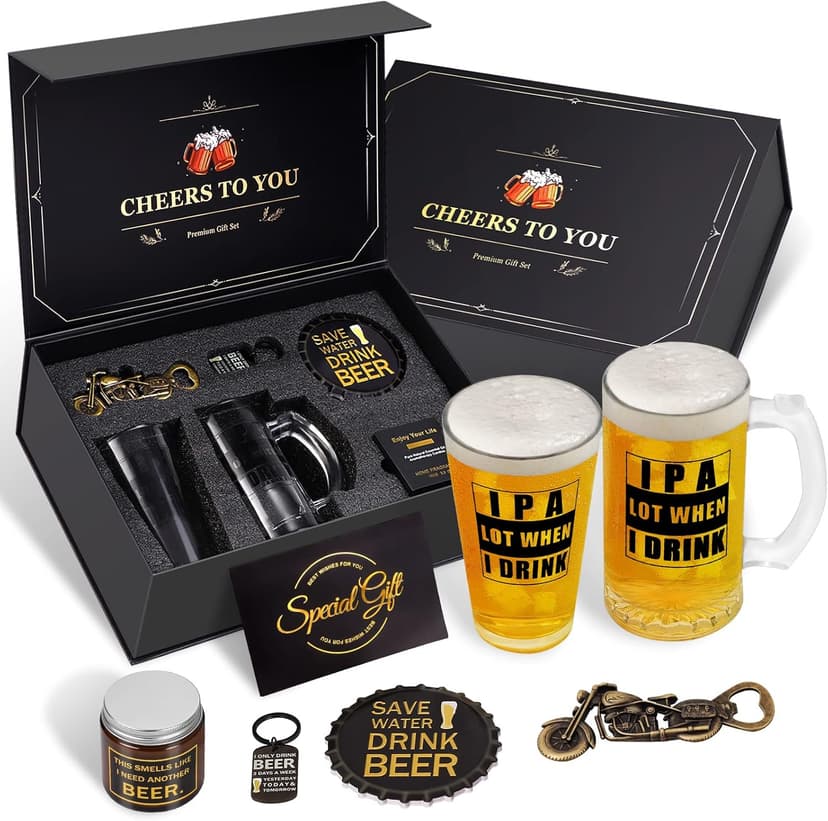 Beer Gifts for Men, Gift Basket for Beer Lovers, Gifts Box for Dad Husband Boyfriend Grandpa, Anniversary Wedding Birthday Gifts for Him incl. Beer Glass Bottle Opener Coaster Keychain