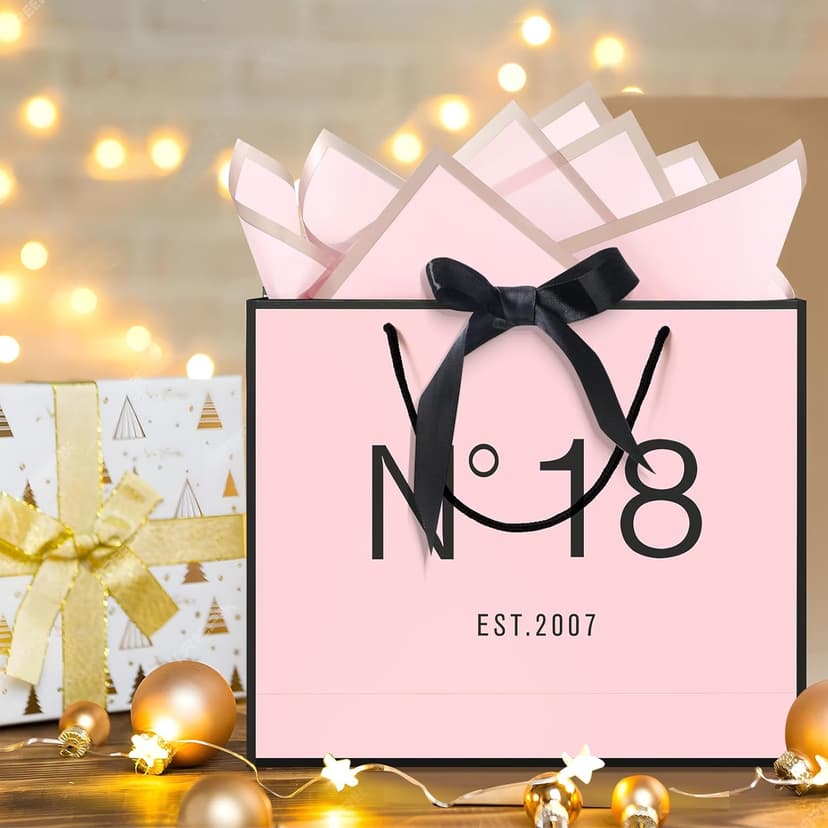 18th Birthday Gift Bag with Card Envelope Sticker Bow Ribbon and Tissue papers for Women Girls N°18 EST.2007 Design with Handles,for Celebrating 2007 18th Birthday Anniversary 13" (EST.2007 18th)