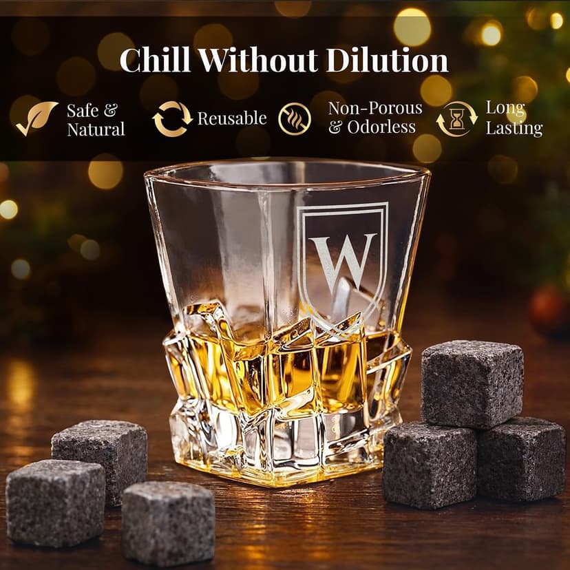 shop4ever Custom Engraved Monogram Year, Chunky Heavy Liquor/Bourbon Decanter with Glasses, Whiskey Stones, Coasters & Tongs, Premium Whiskey Gift Set for Men, Husband, Dad