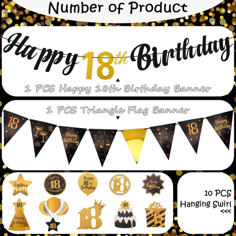 Black & Gold 18th Birthday Banner with 10PCS Swirls - Happy 18th Birthday Decorations for Boys & Girls