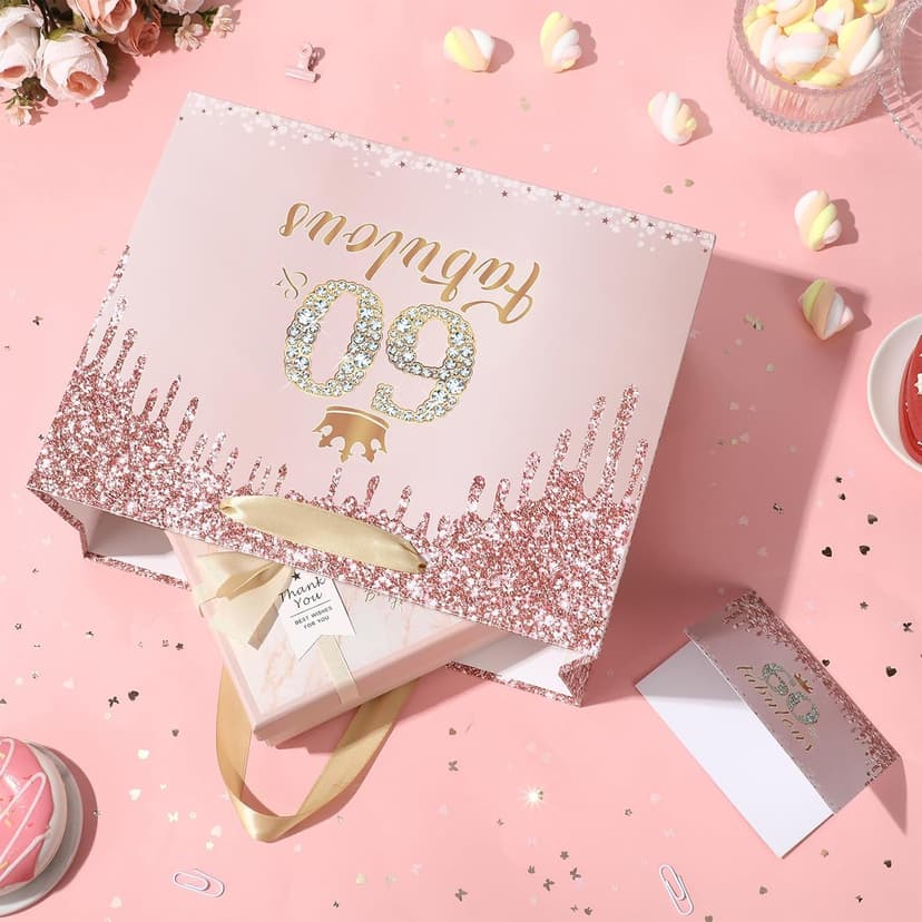 Yoirrat Rose Gold 60th Birthday Gift Bag for Women 60 & Fabulous Large Pink Happy 60th Birthday Gift Bag with Wrapping Paper and Card for 60th Bday Decorations Party Supplies