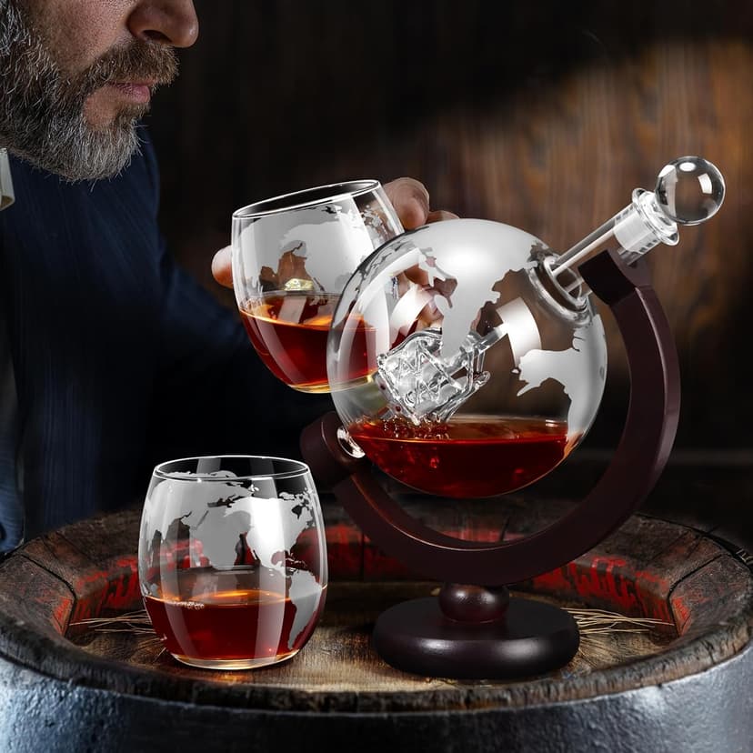 Whiskey Decanter Sets for Men, Whiskey Decanter Globe Set with 2 Etched Globe Whisky Glasses for Liquor, Bourbon, Cocktails, Vodka, Scotch liquor decanter Sets - 850ml