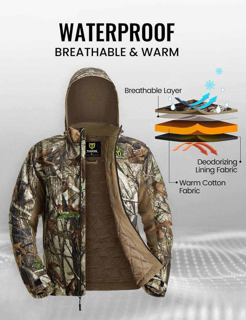TIDEWE Hunting Clothes for Men with Face Mask, Silent Waterproof Hunting Jacket and Adjustable Bibs, Safety Strap Compatible