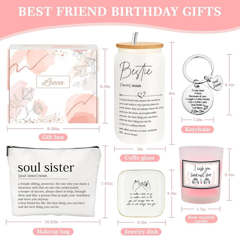 Best Friend Birthday Gifts for Women Friendship Gifts for Women Bestfriend Birthday Gift for Best Friend Woman Bestfriend Gift Ideas with Cup Bag Candle Keychain for Soul Sister Bestie BFF