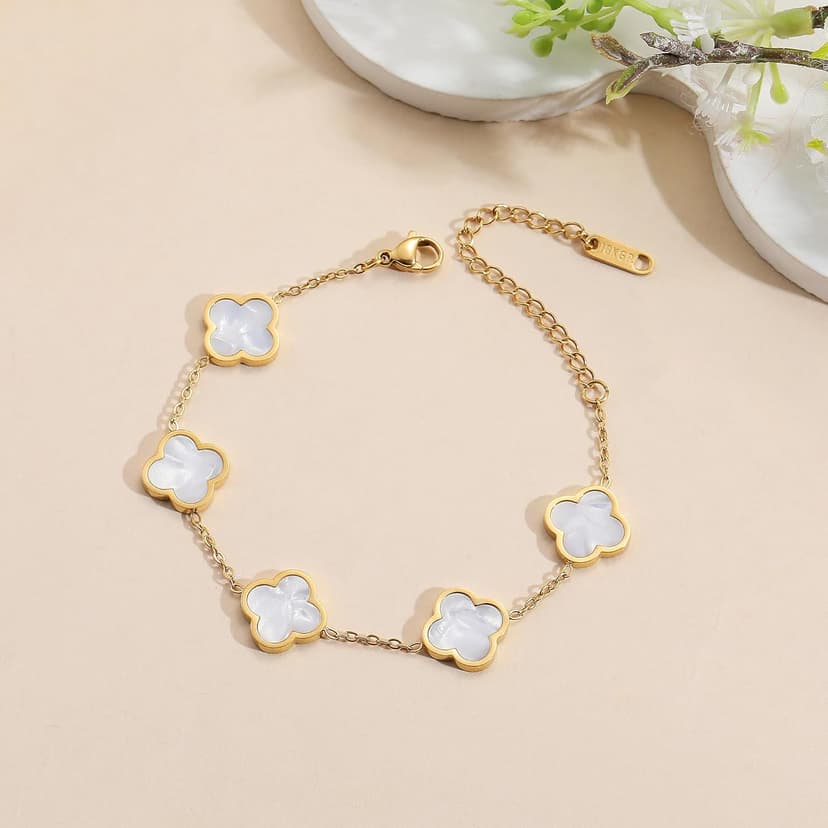 18K Gold Plated Clover Lucky Bracelet for Women White/Black/Red/Green Flower Four Leaf Link Bracelets Trendy Jewelry Gifts for Women