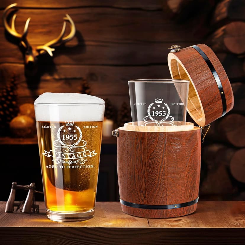 LIGHTEN LIFE 70th Birthday Gifts for Men 16oz,1955 Beer Glass in Barrel Box,70th Birthday Beer Glass,70th Birthday Gift Ideas,1955 Pint Glass for 70 Years Old Dad,Husband,70th Beer Glass