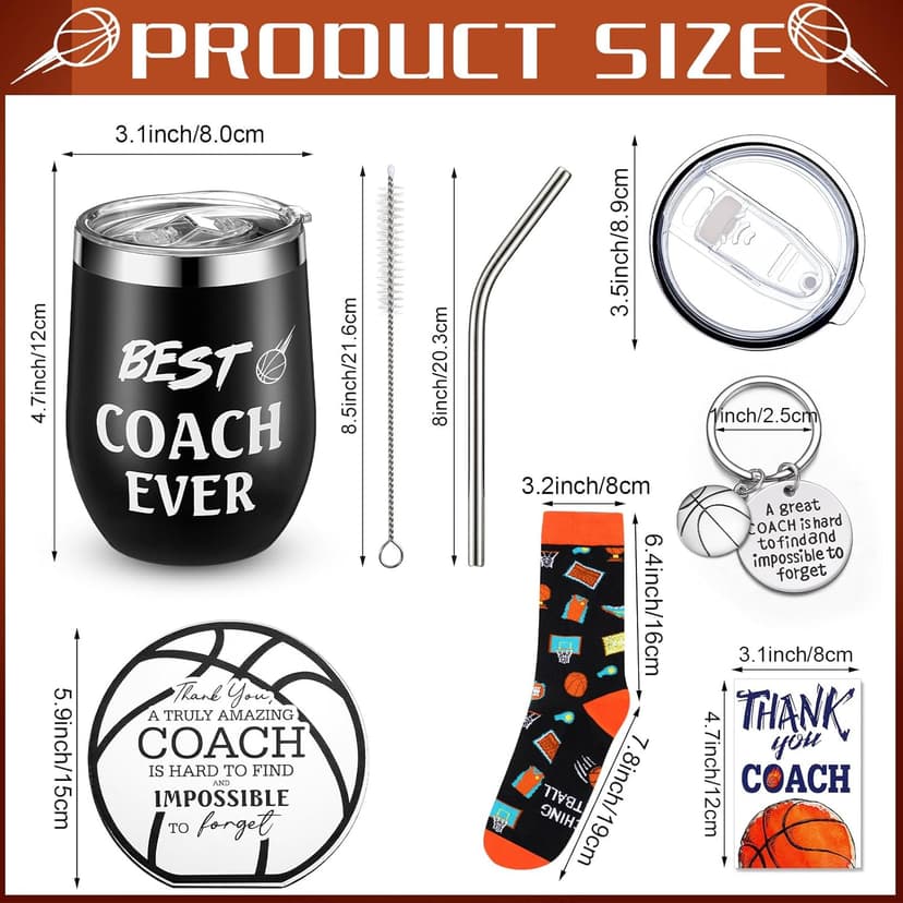 Nitial 6 Pcs Basketball Coach Gifts Teacher Appreciation Gift Set for Basketball Instructor Include Best Coach Ever Tumble Whistle with Lanyard Acrylic Sign Socks Keychain Card