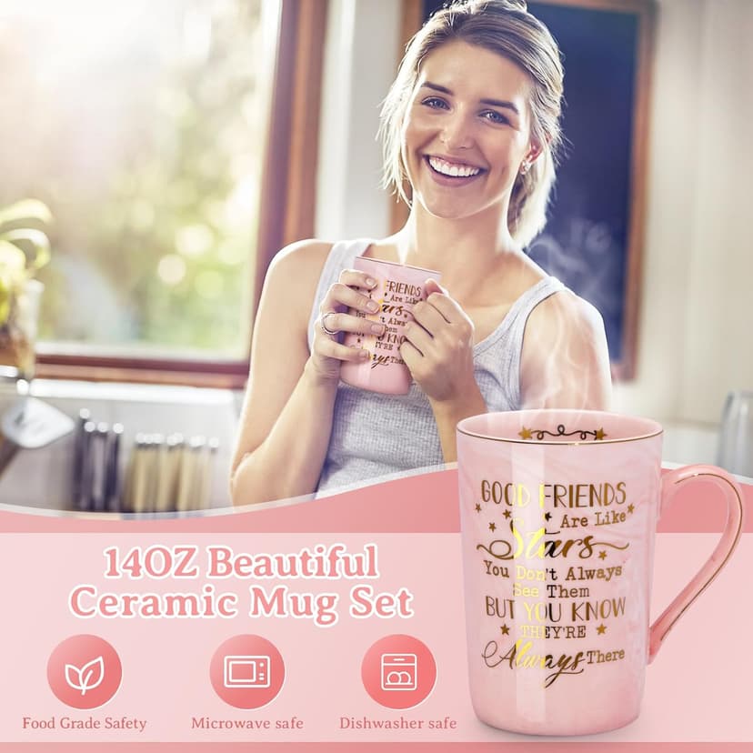 Best Friend Birthday Gifts for Women, Unique Friendship Gifts Ideas for Bestfriend, Female Besties, BFF Sister, 14oz Pink Marble Coffee Cup with Lid Spoon Card, Box, Best Friends Gift Basket Set of 6