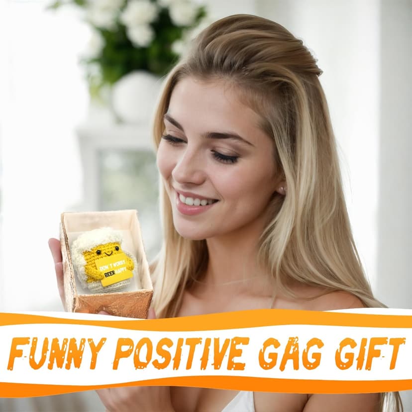 A AIFAMYFunny Positive Coffee, Emotional Crochet Doll, Cute Crochet Potato Partner Toy with Positive Card Cheer Up Funny Gag Gifts for Best Friend Birthday Women Teacher Fall（Beer