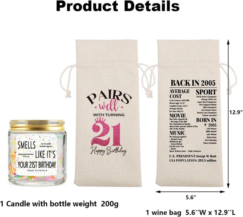21st Birthday Gifts for Her Him 21 Year Old 21st Birthday Decorations for Men Wine Bag And Candle Happy Anniversary Party Supplies Decorations - Back in 2005