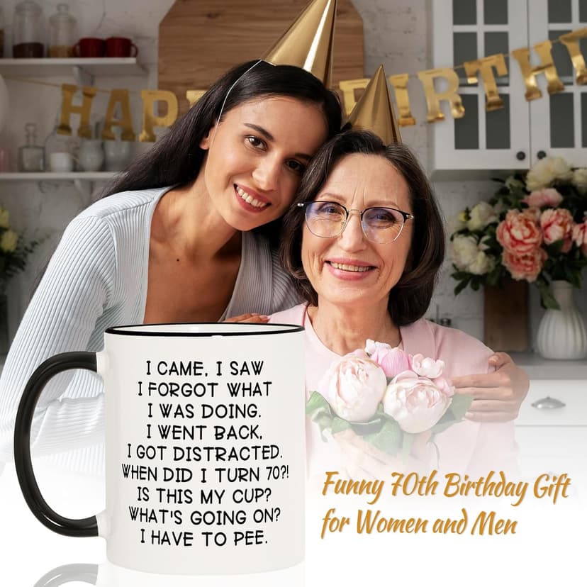 Shqiueos Funny 70th Birthday Gifts for Women Men Mug 11oz, 70 Year Old Birthday Gifts for Her Him, Happy 70th Bday Gift Idea for Mom Dad Grandpa Grandma, 1955 Birthday Gift Decorations Coffee Cup