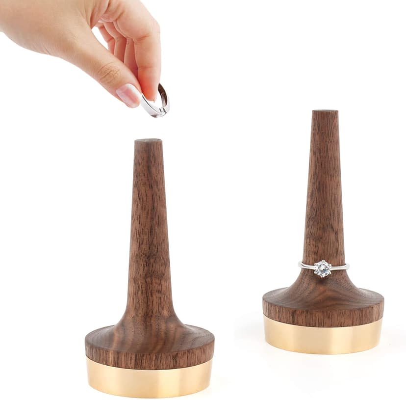 Wooden Ring Holder For Jewelry | 1 Piece | Black Walnut Wood & Brass Stand | Gift For Men & Women, Engagement, Wedding & Anniversary | Him & Her Rings Modern Display | Fits Any Band Size 00 Up