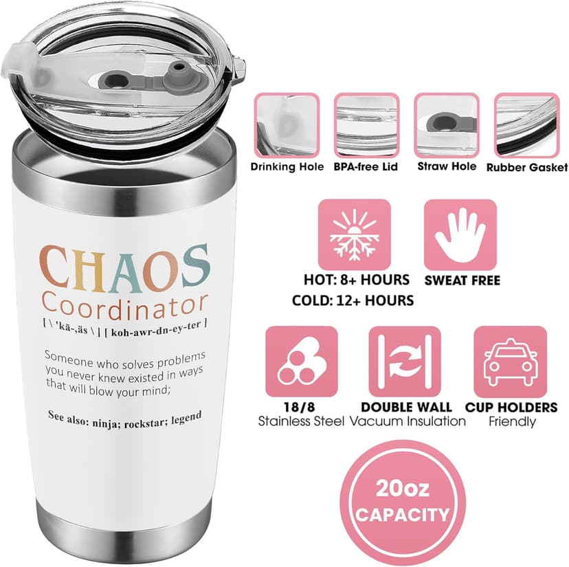 Thank You Gifts for Women, Boss Lady, Coworkers, Manager, Office, Teacher, Nurse, Mom, Her - Chaos Coordinator Gift Ideas - Valentines, Birthday Drinking Cup - 20 Oz Stainless Steel Tumbler