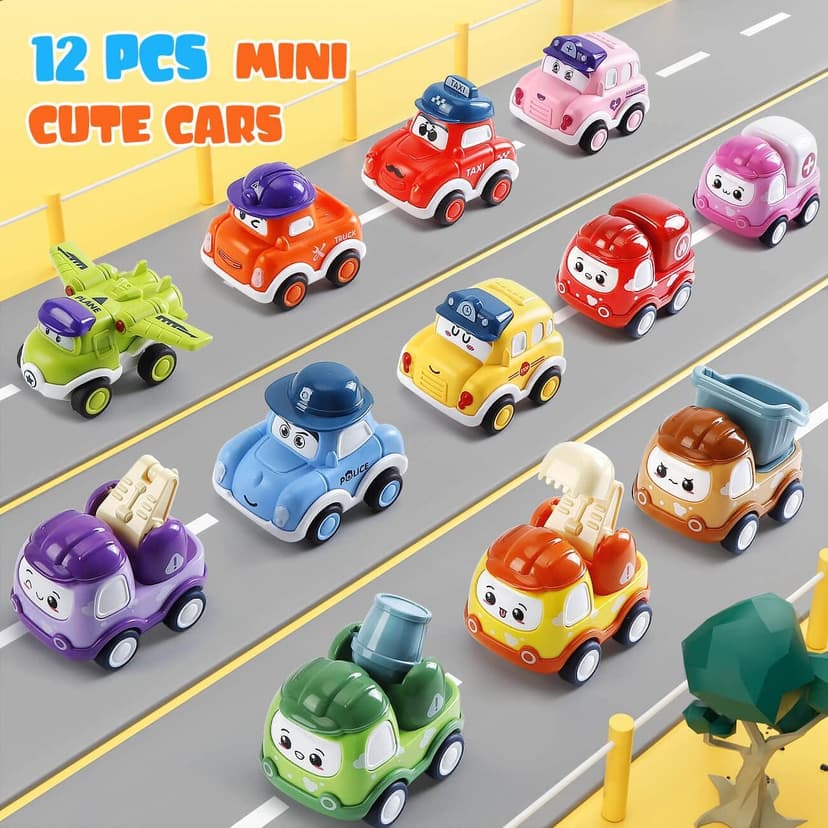 Mini Car Toys for 1 Year Old Boy Gifts, 12 Sets Pull-Back Trucks with Playmat/Storage Box for Toddlers Age 1-2, Baby Toys 12-18 Months, 1st Christmas Birthday Gifts for One Year Olds