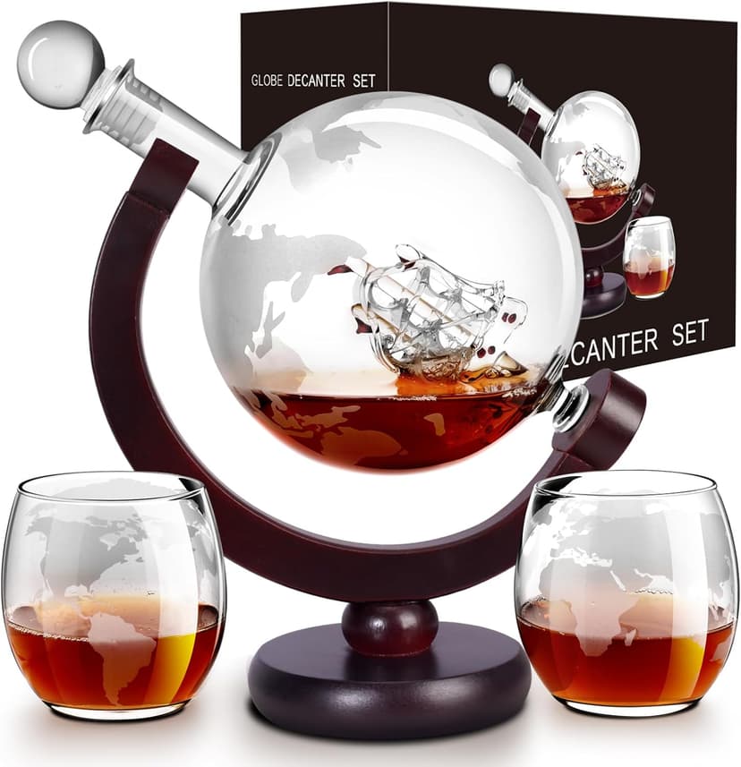 Whiskey Decanter Sets for Men, Whiskey Decanter Globe Set with 2 Etched Globe Whisky Glasses for Liquor, Bourbon, Cocktails, Vodka, Scotch liquor decanter Sets - 850ml