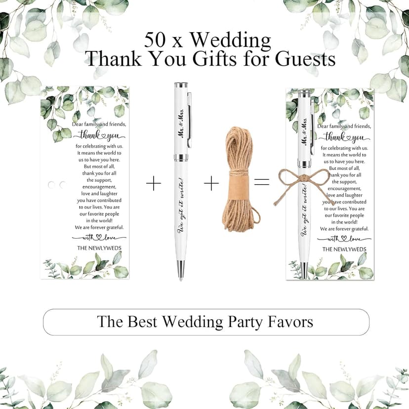 50 Sets Wedding Favors for Guests Bulk Retractable Ballpoint Pen Thank You Cards with Hemp Rope Bridal Shower Gift for Guest Wedding Souvenirs Newlyweds Party Supplies