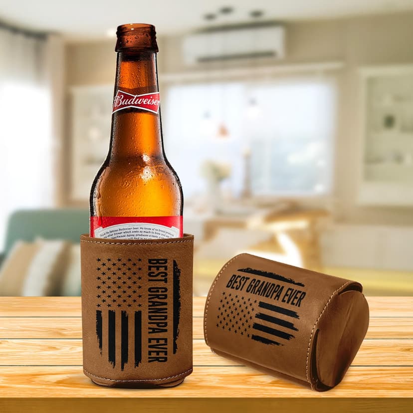 Best Grandpa Ever Gifts - Christmas, Birthday Gift For Grandpa From Granddaughter, Grandson, Kids - 12Oz Fit Collapsible Leather Beer Can Cooler Holder