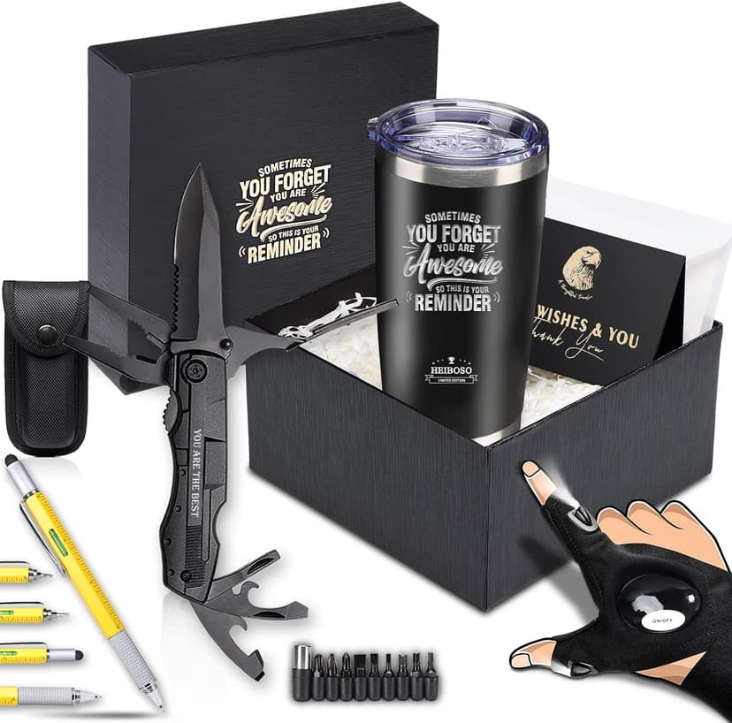 Gifts for Men - 6-in-1 Gift Set with Stainless Steel Tumbler,Multi-Tool Knife,LED Gloves & Tool Pen Keepsake Box | Last Minute Birthday, Father's Day Anniversary Box Gifts for Dad,Husband