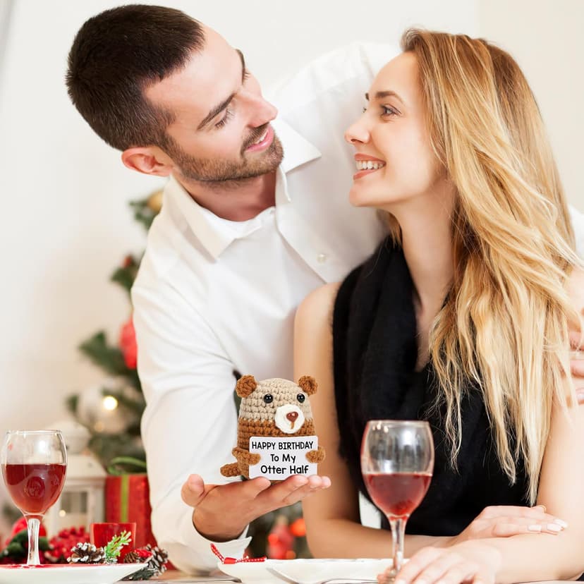 Birthday Gifts for Women Men - Happy Birthday to My Otter Half, Handmade Crochet Otter for Wife Husband Fiance, Cute Hand-Held Card for Him Her Boyfriend Girlfriend Lover