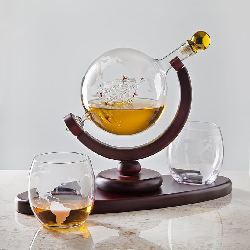 Gifts for Men, Whiskey Decanter Globe Set with 2 Etched Whiskey Glasses - for Liquor Scotch Bourbon Vodka, Gifts For Dad - 850ml