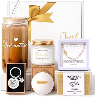 7PCS Godmother Proposal Gift, Will You Be My Godmother 16oz Glass Cup Bracelet Keychain Candle Self Care Gifts Basket for Women, God Mother Proposal Gift