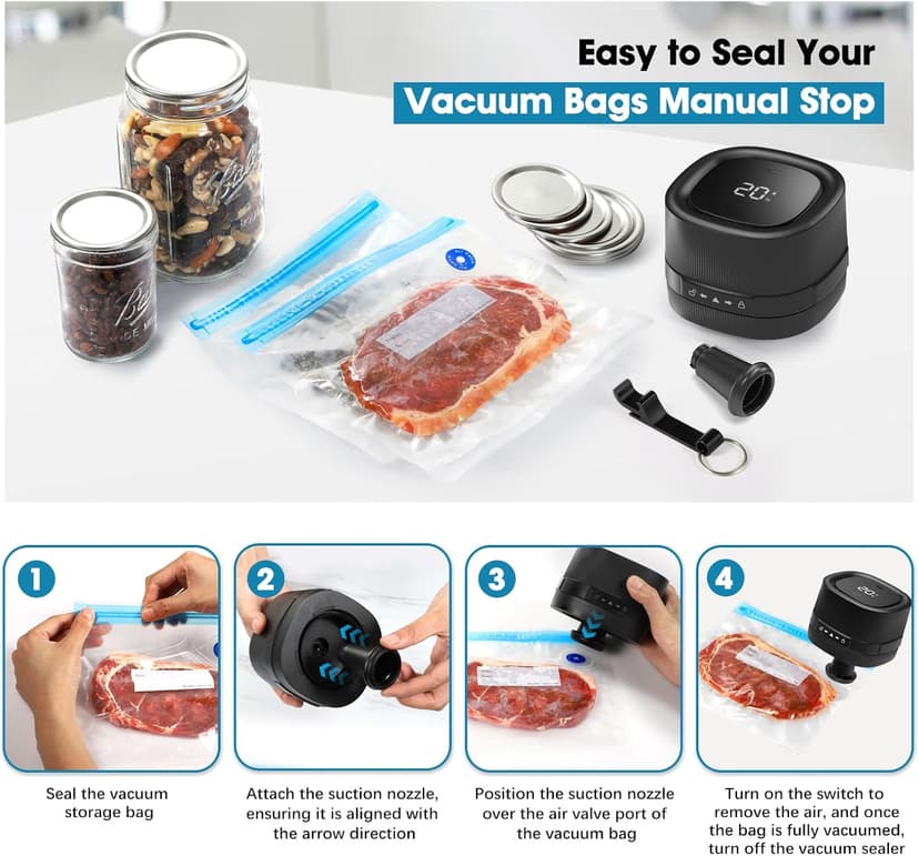 ZIWEO Mason Jar Vacuum Sealer Kit for Wide Mouth and Regular Mouth Mason Jars, Electric Vacuum Sealer with Suction Nozzle, 10 Lids and 1 Vacuum Bag, Compact and Auto Stop Design