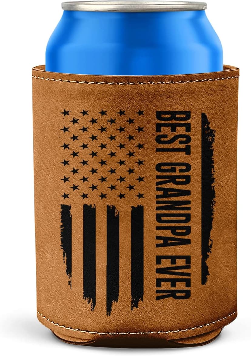 Best Grandpa Ever Gifts - Christmas, Birthday Gift For Grandpa From Granddaughter, Grandson, Kids - 12Oz Fit Collapsible Leather Beer Can Cooler Holder