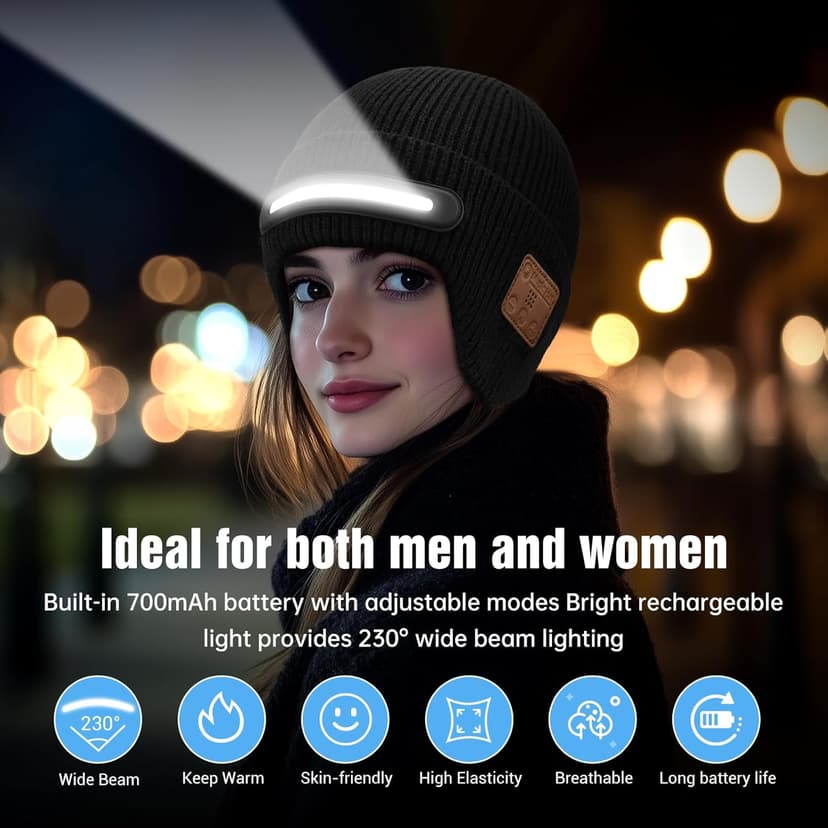 Bluetooth Beanie with Light, Headlamp Hat with Headphones and Built-in Speaker Mic, Unique Christmas Gifts for Men Husband