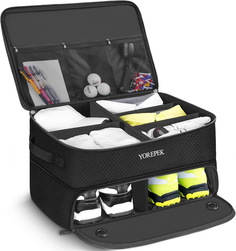 YOREPEK 2 Layer Golf Trunk Organizer, Golf Gifts for Men with Separate Ventilated Compartment for 2 Pair Shoes, Waterproof Car Trunk Locker for Balls, Tees, Clothes, Gloves, Accessories, Golfer Gifts