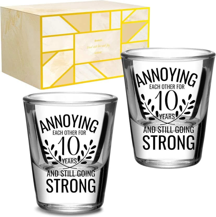 Onebttl Anniversary Cups for Couples, 10 Years Anniversary Funny Gifts for Boyfriend Girlfriend, 1.5 oz (45 ml) Shot Glasses Set of 2 - Annoying Each Other But Still Strong, Transparent