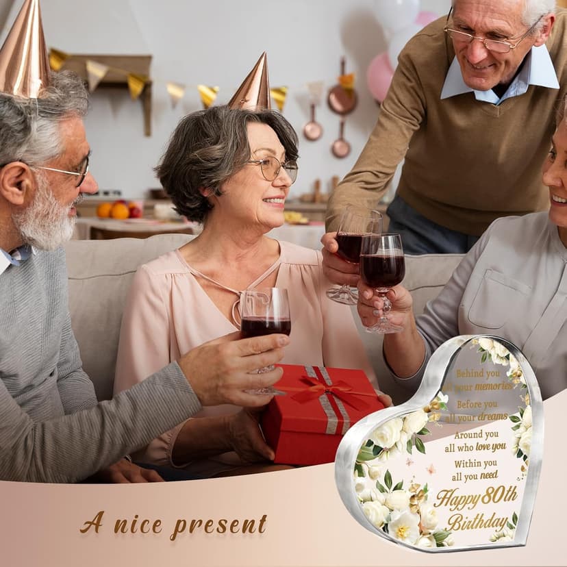 AceThrills 80th Birthday Gifts and Decorations for Women - Acrylic Paperweight 3.9 x 3.9 x 0.51 Inches - Happy Birthday Decor Party Favors