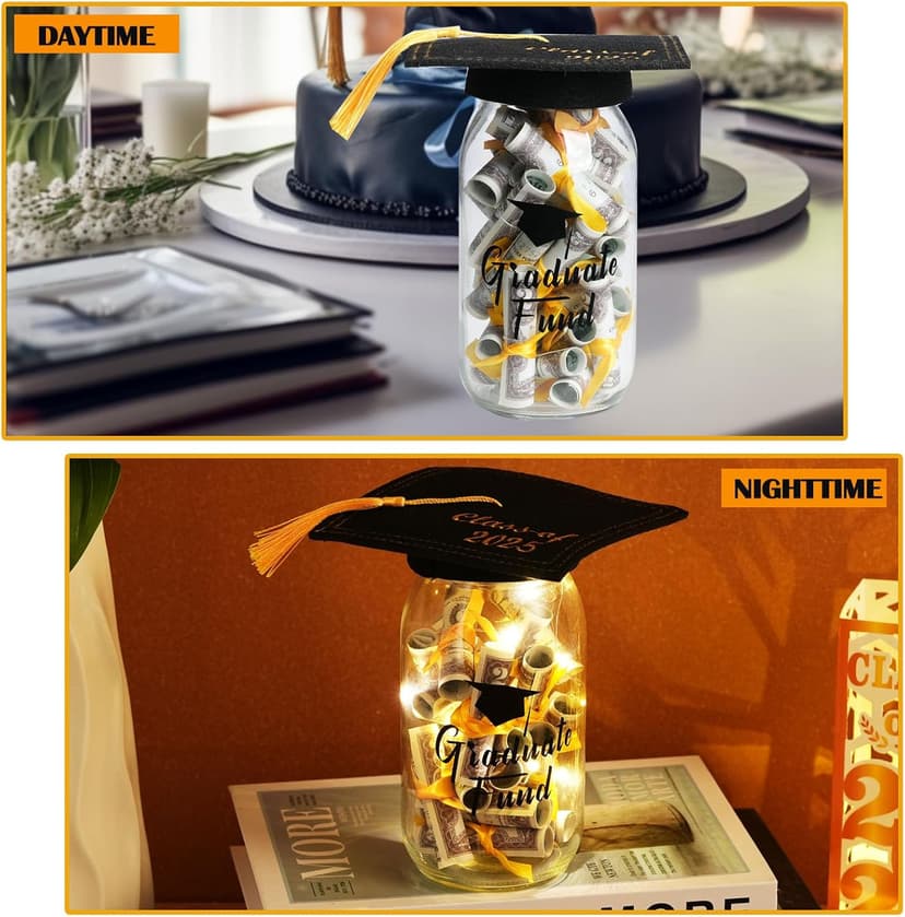 2025 Graduation Gifts for Her/Him- Lighted Graduation Mason Jar Filled with Money & Class of 2025 Cap Kit,Graduation Decorations Class of 2025 Graduation Centerpieces, Money Gift Ideas for Boys Girls