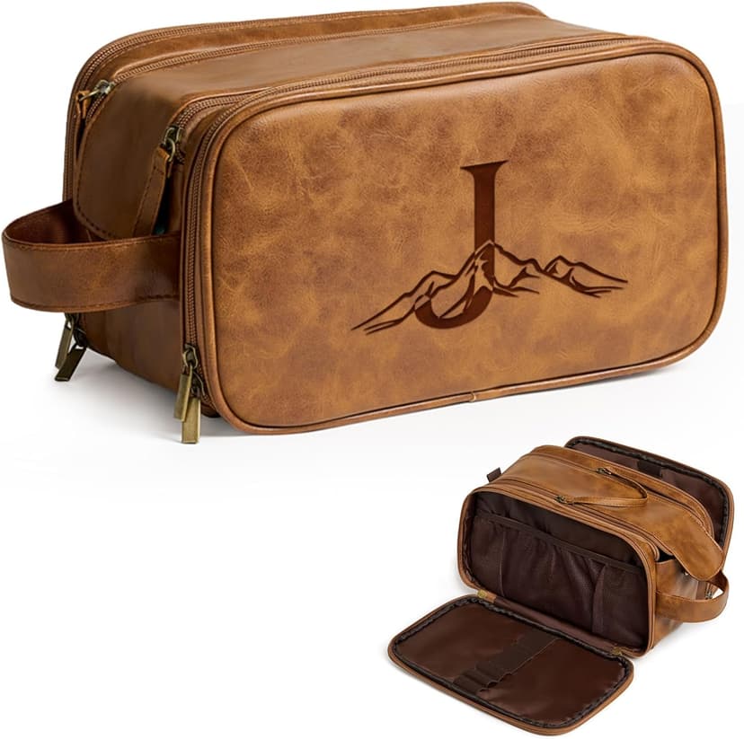 Janhavi Personalized Toiletry Bag for Men, Gifts for Boyfriend, Toiletry Bag For Shower Caddy,Personalized Initials & Mountain, Mens Toiletry Travel Bag, Travel Essentials for Men (Brown J)