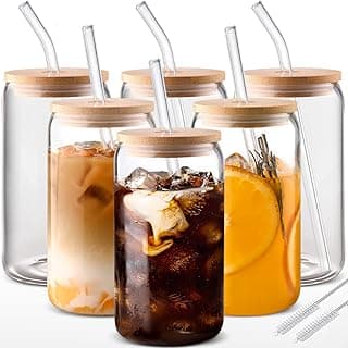Glass Cups with Lids and Straws 6 pcs, 16 oz-DWTS Cute Tumbler,Beer Drinking Glasses,Clear for Iced Coffee, Tea with Bamboo Lids for Gifts