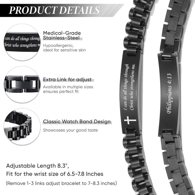 VNOX Personalized Religious Jewelry-Engraved Inspirational Christian Faith Bible Verse Quote Wristbands Elegant Link Bracelet Encouragement Gift,Cassic Watch Band Strap Design