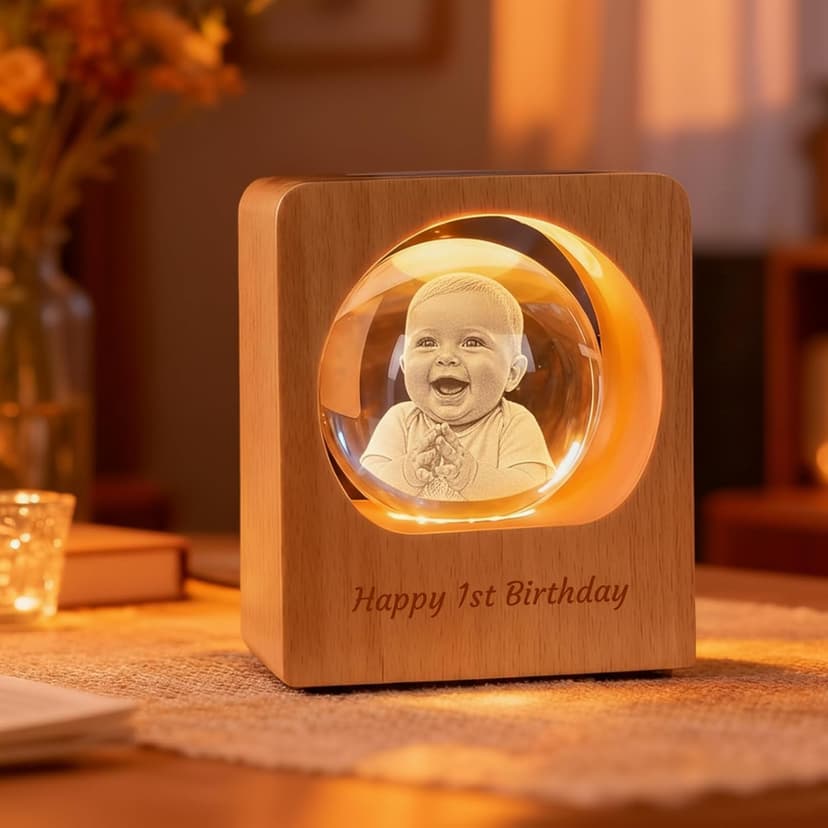 Personalized 3D Photo Crystal Ball, Memorial Gifts, Custom Engraved Picture Lamp with Wood Base, Color Changing Crystal Globe for Pets, Couples, Babies, Parents, Birthdays, Anniversaries(Circle)