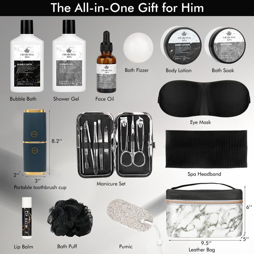 Father's Day Bath and Body Gift Basket for Men and Women, 23pcs Charcoal Luxury Home Spa Kit for Mother in Cosmetics Leather Bag, Face Oil, Birthday Gift, Self Care, perfect for Christmas, Holiday