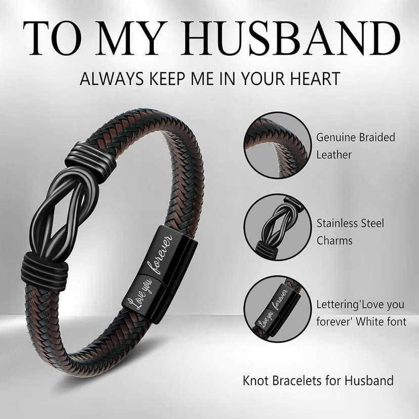 𝗞𝗻𝗼𝘁 𝗕𝗿𝗮𝗰𝗲𝗹𝗲𝘁 𝗚𝗶𝗳𝘁𝘀 𝗳𝗼𝗿 𝗠𝗲𝗻 Brown Braided Leather Stainless Steel Infinity Bracelets Lettering Love You Forever Gifts for Son Grandson Husband Boyfriend Brother Always Linked Together
