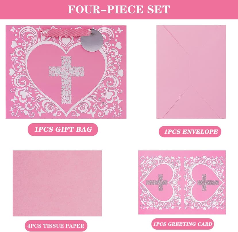 JWSCYSY 12.6" Large Pink Gift Bag with Metallic Silver Floral Cross Design, Card and Tissue Paper for Baby Girl Baptisms, Christenings, First Communions Religious