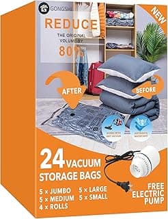 24 Pack Vacuum Storage Bags with Electric Pump, (5 Jumbo, 5 Large, 5 Medium, 5 Small, 4 Roll Up Bags) Space Saver Bag for Clothes, Mattress, Blanket, Duvets, Pillows, Comforters,Travel