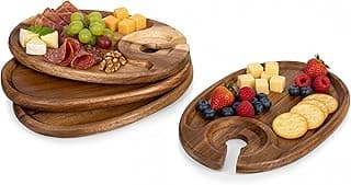PICNIC TIME Wine Appetizer Plates, Set of 4 Wooden Cocktail Plates with Glass Holder, Mini Charcuterie Boards for Wine and Cheese Parties, Acacia Cheese Board Serving Trays (Oval - Acacia Wood)