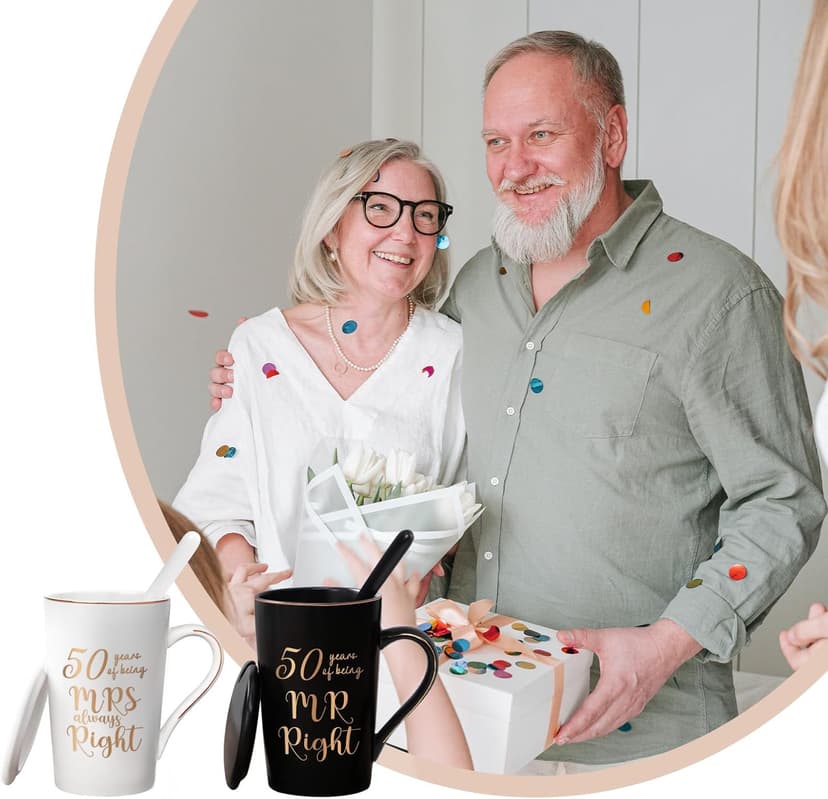 YHRJWN - 50th Wedding Gifts, 50 Years of Being Mr & Mrs Always Right Mug Set, Wedding Gifts Ideas for Parents Couple, 14 Oz with Lids and Gift Box