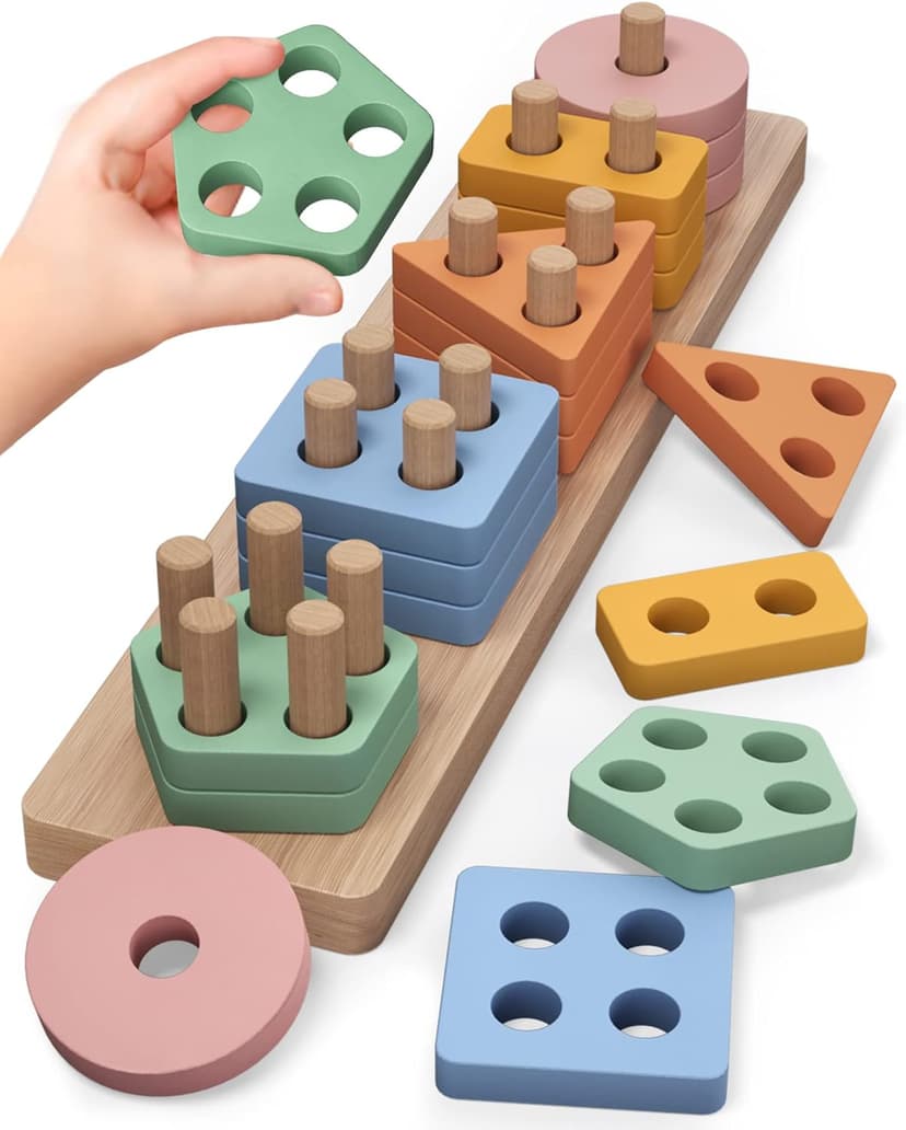 PEBIRA Montessori Toys for 1 2 Year Old, Wooden Sorting and Stacking Toys for Toddlers, Baby Shape Sorter and Color Stacker Blocks for Toddler, Preschool Learning Toy, Gift for 12-18 Month Boys Girls