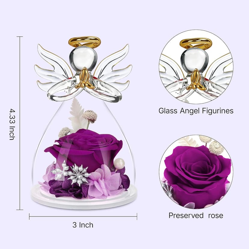 Christmas Rose Gifts for Women,Fresh Flowers for Delivery,Birthday Gifts for Women Mom,Preserved Flowers in Glass Angel Figurine,Angel Christmas Rose Gift for Grandma,Purple Gift Valentines