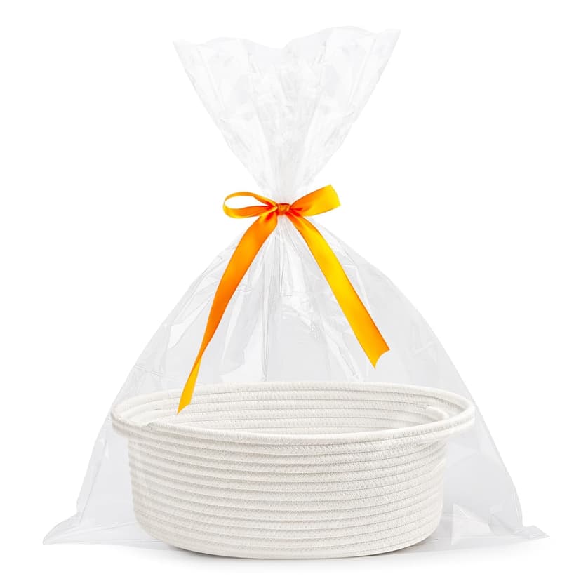 Pro Goleem Small Woven Basket with Gift Bags and Ribbons Durable Baskets for Halloween Gifts Empty Small Rope Basket for Storage 12"X 8" X 5" Baby Toy Baskets with Handles, White