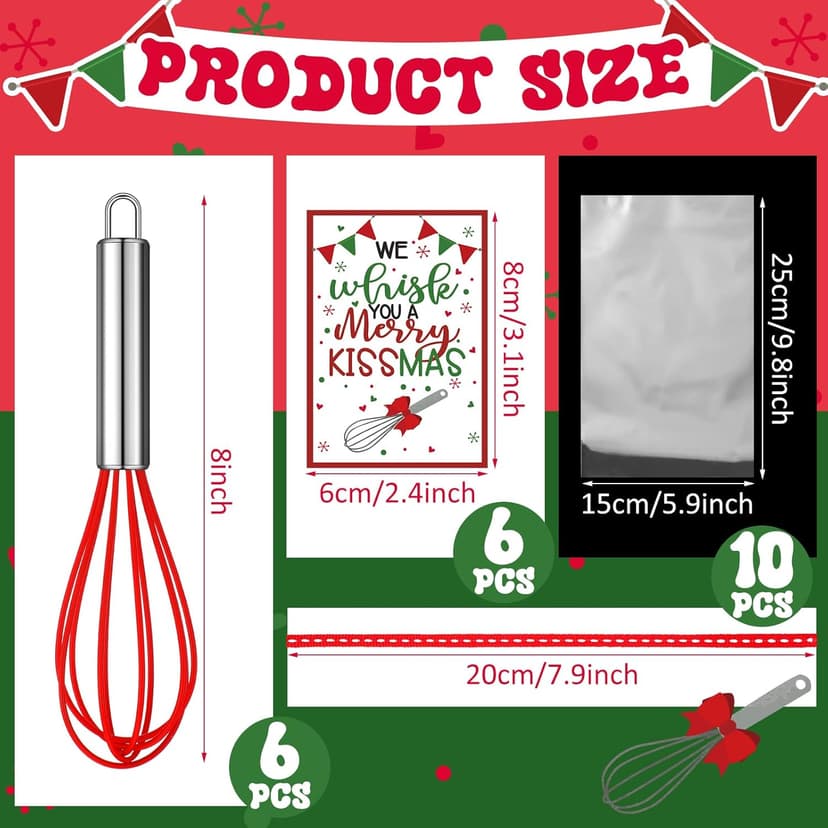 Nuogo 6 Sets Christmas Whisk Baking Supplies Gifts Christmas Neighbor Gifts Includes 8 Inch Stainless Steel Whisk,Greeting Cards,Ribbons,Plastic Bags for Home Cooking Supplies Xmas Stocking Stuffers
